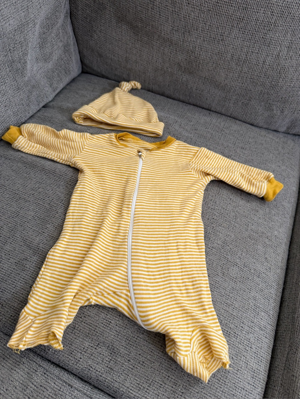 George Yellow and White Striped Zipper One-Piece with Hat
